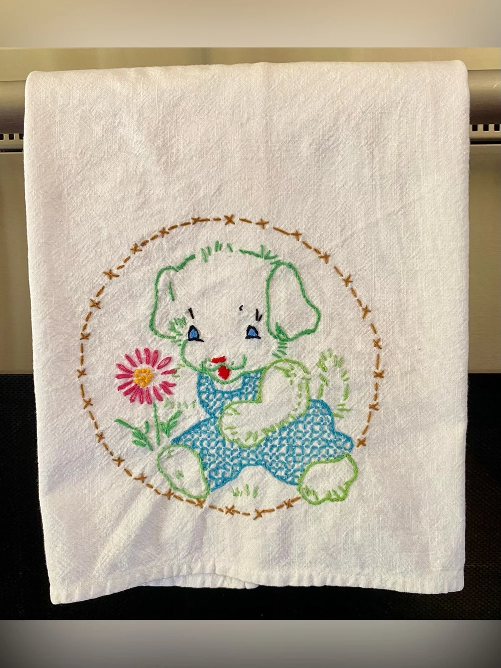 Vintage Hand-Embroidered Puppy Tea Towel Retro White with Multi-Color Stitching